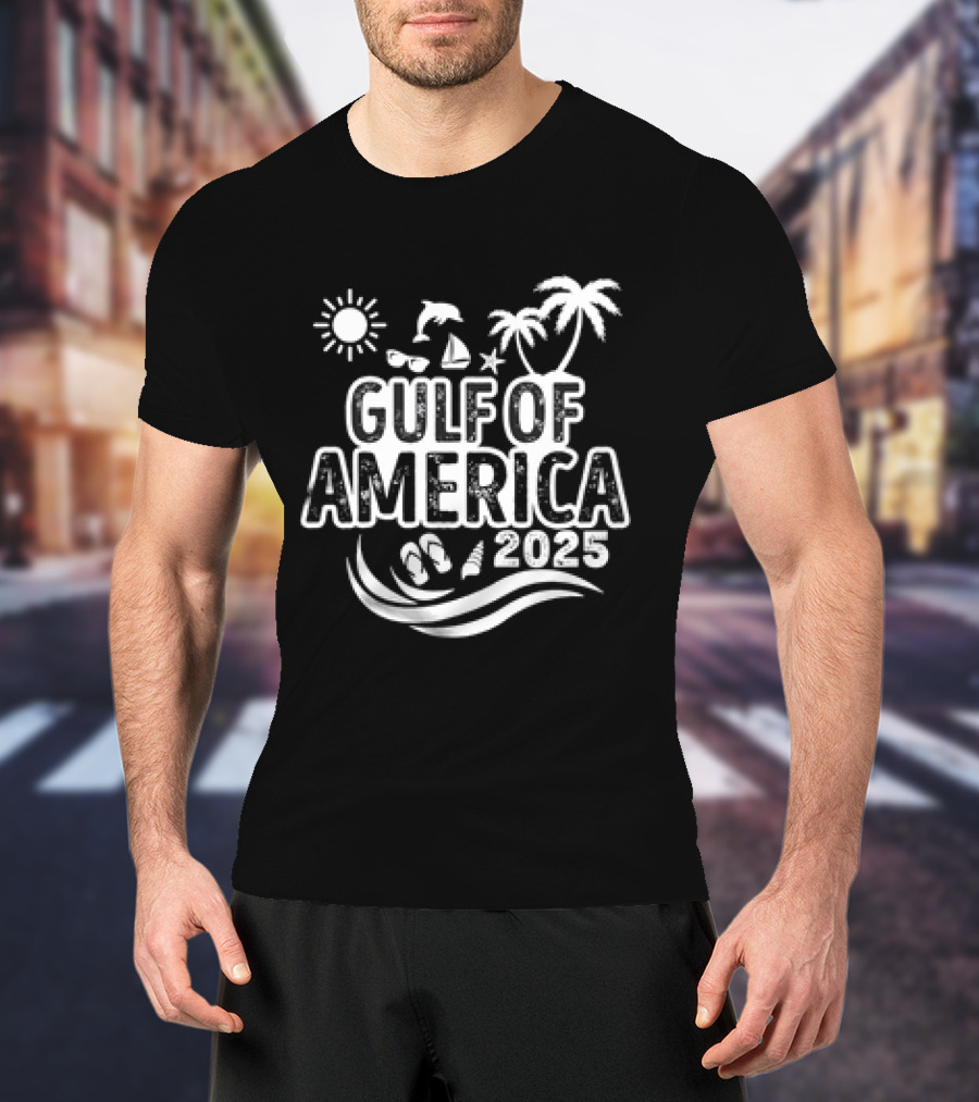 Gulf Of America 2025 Sun Palm Trees Dolphin Sailboat Sandals Waves T-Shirt