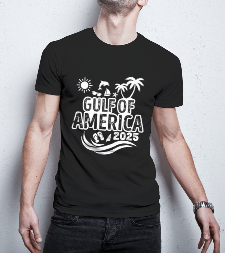 Gulf Of America 2025 Sun Palm Trees Dolphin Sailboat Sandals Waves T-Shirt