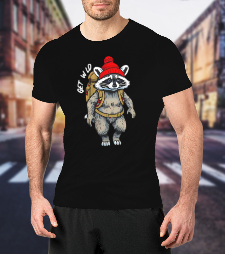 Get Wld Raccoon With Backpack And Red Beanie T-Shirt