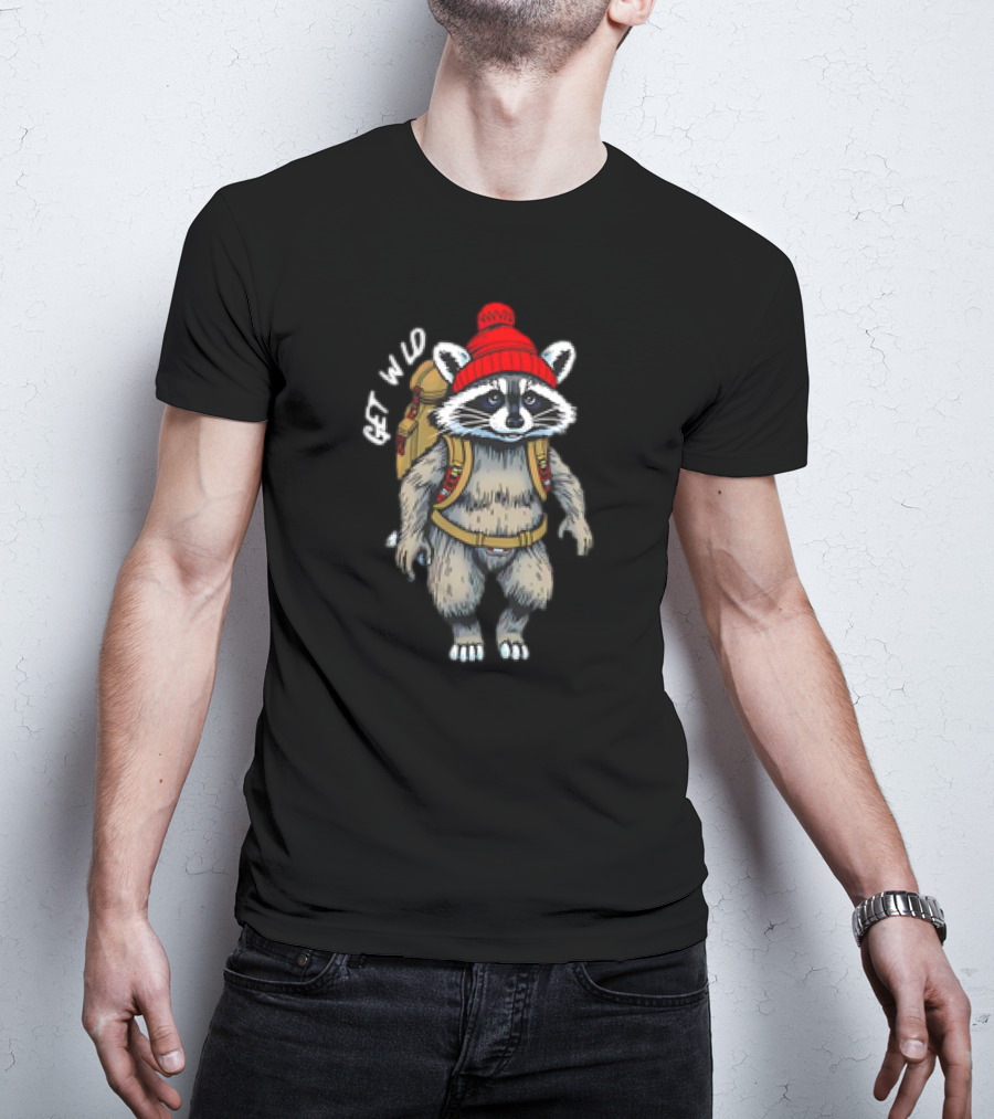 Get Wld Raccoon With Backpack And Red Beanie T-Shirt