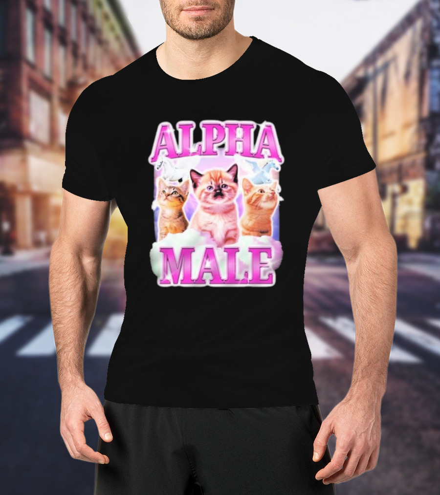 Alpha Male Cat Trio With Rainbow Unicorns And Clouds T-Shirt
