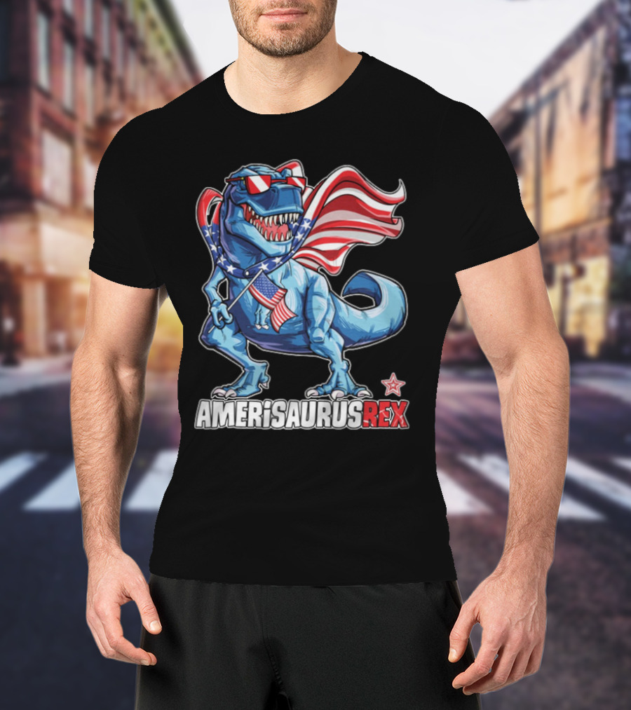 Amerisaurus Rex Dinosaur With American Flag And Sunglasses T-Shirt