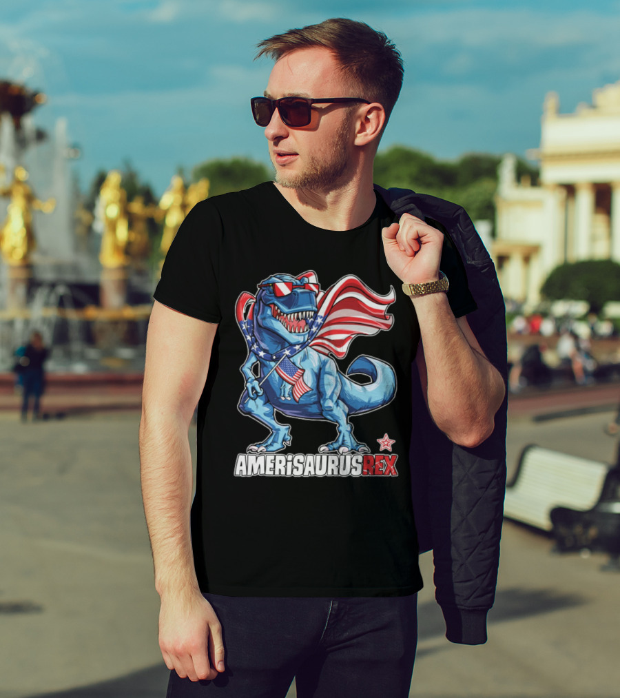 Amerisaurus Rex Dinosaur With American Flag And Sunglasses T-Shirt