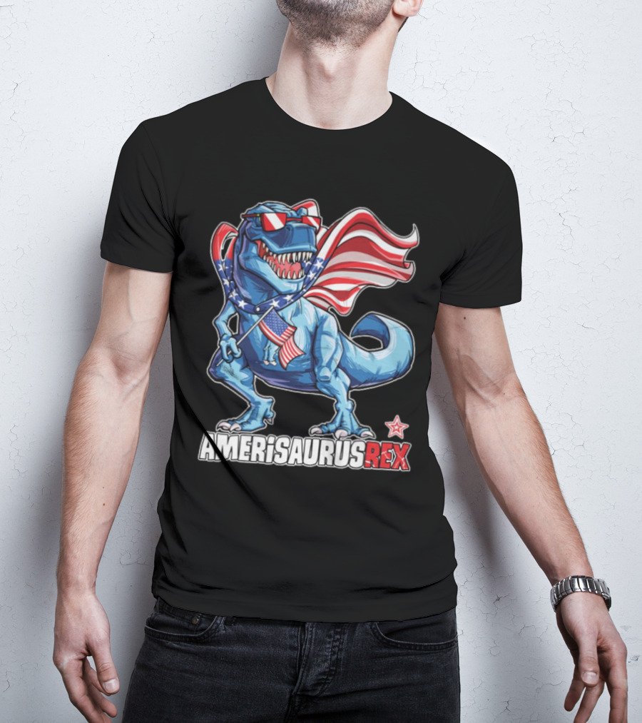 Amerisaurus Rex Dinosaur With American Flag And Sunglasses T-Shirt