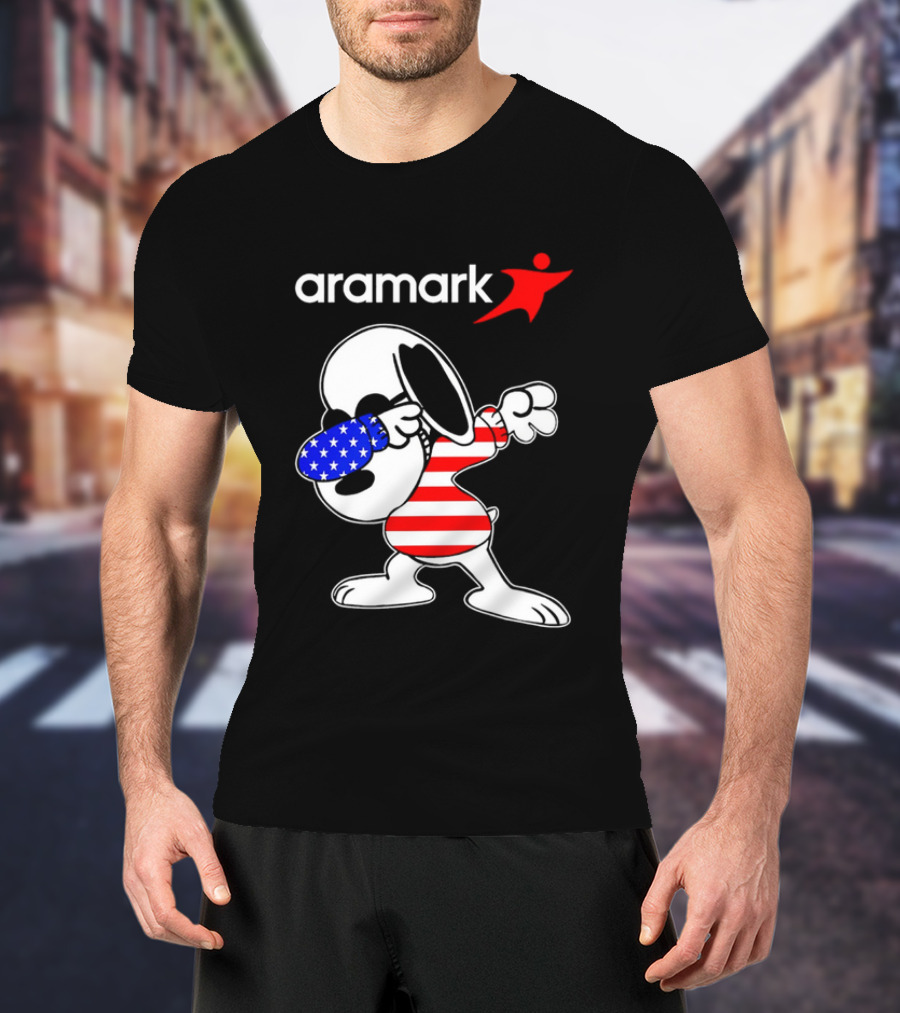 Aramark Snoopy Dabbing American Flag Red White Blue Character T-Shirt