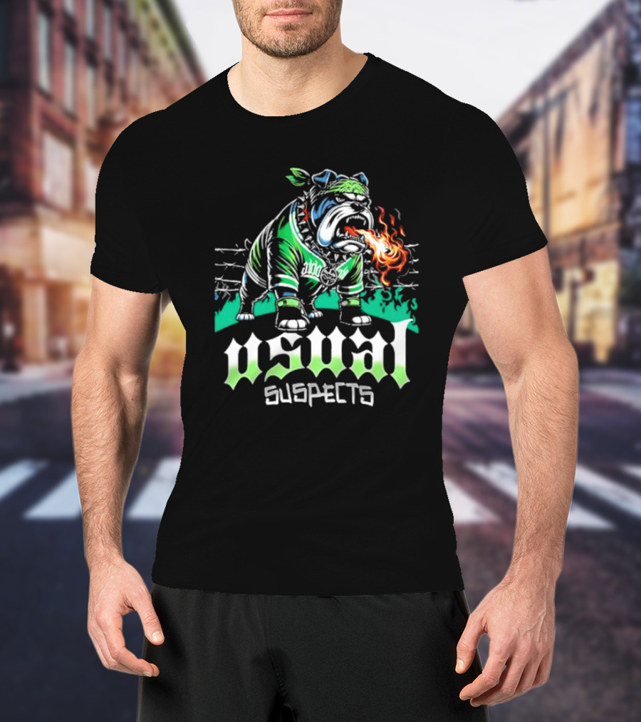 Usual Suspects Bulldog With Fiery Breath And Green Bandana T-Shirt