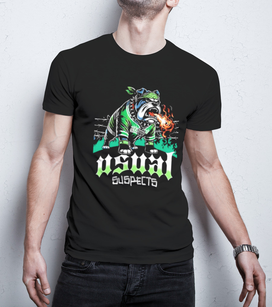Usual Suspects Bulldog With Fiery Breath And Green Bandana T-Shirt