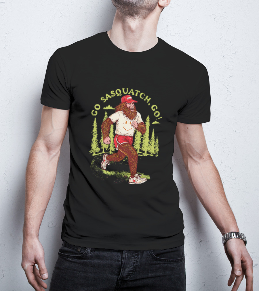 Go Sasquatch Go Bigfoot Jogging In Forest With Red Cap And Sneakers T-Shirt
