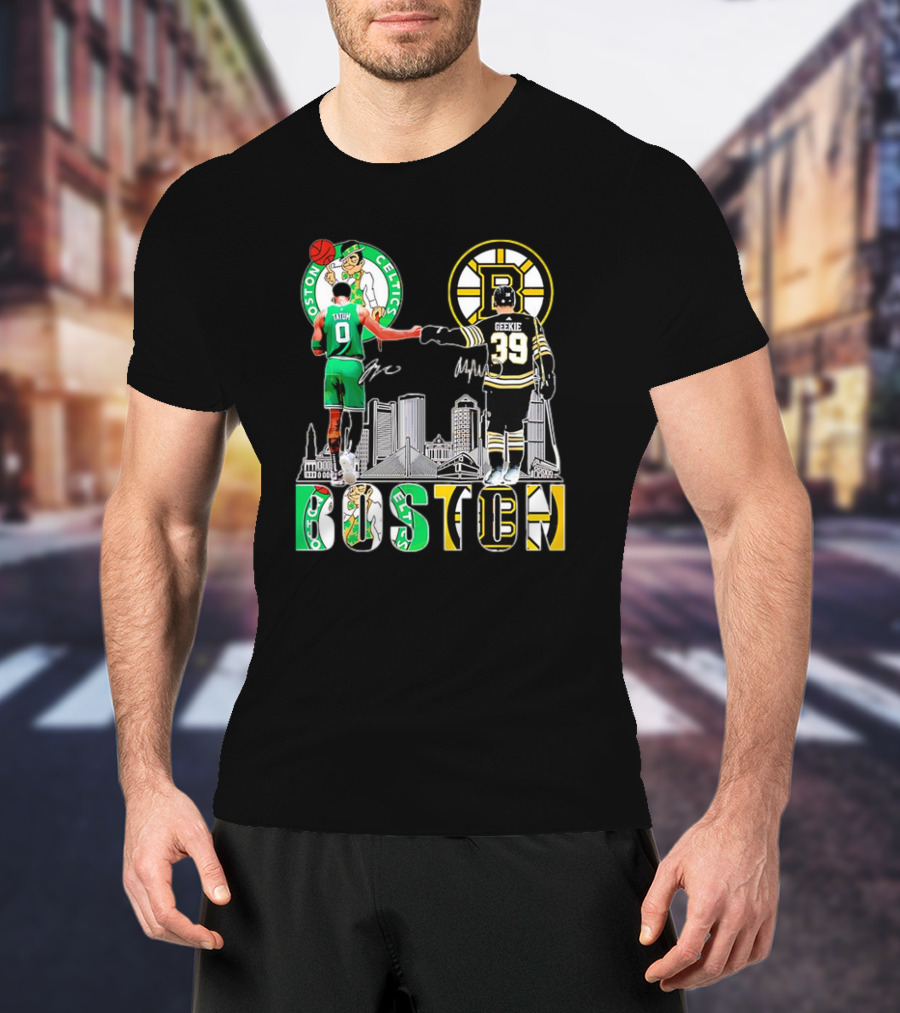Boston Celtics Jayson Tatum Boston Bruins Morgan Geekie Signatures Skyline T-Shirt