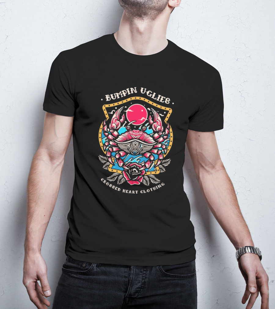 Bumpin Uglies Crossed Heart Clothing Shellraiser Crab Ocean Sun Roses T-Shirt
