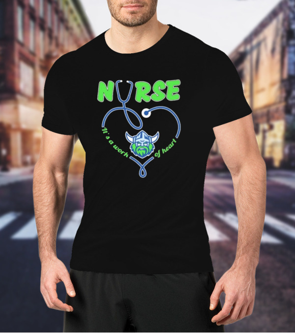 Nurse It's A Work Of Heart Canberra Raiders Stethoscope Viking Helmet T-Shirt