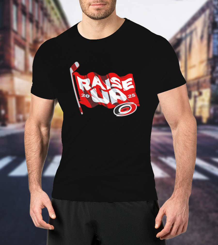 Carolina Hurricanes 2025 Raise Up Stanley Cup Playoffs Flag Hockey Stick Logo T-Shirt