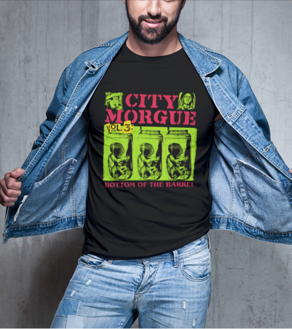 City Morgue Bottom Of The Barrel Green Neon Skeleton Illustrations T-Shirt