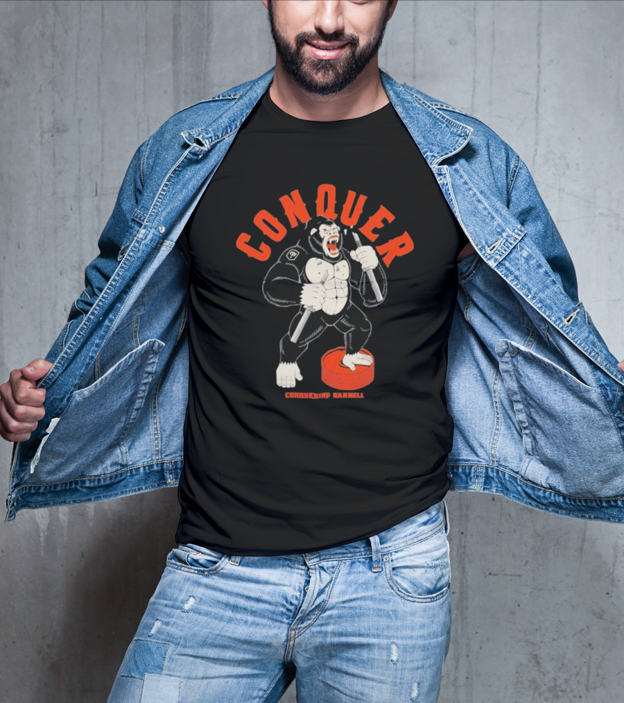 Conquer Raging Gorilla Conquering Barbell Motivational Fitness Apparel T-Shirt