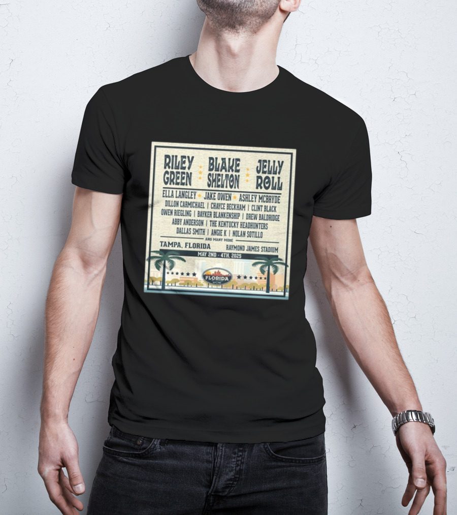 Country Thunder Florida Music Festival 2025 Tampa Lineup Blake Shelton Jelly Roll Raymond James Stadium May 2nd To 4th T-Shirt
