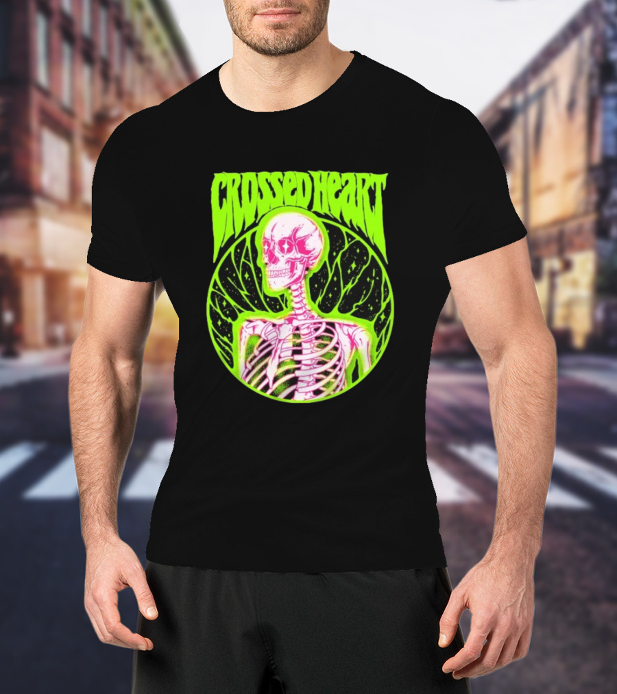 Crossed Heart Skeleton Neon Illustration T-Shirt