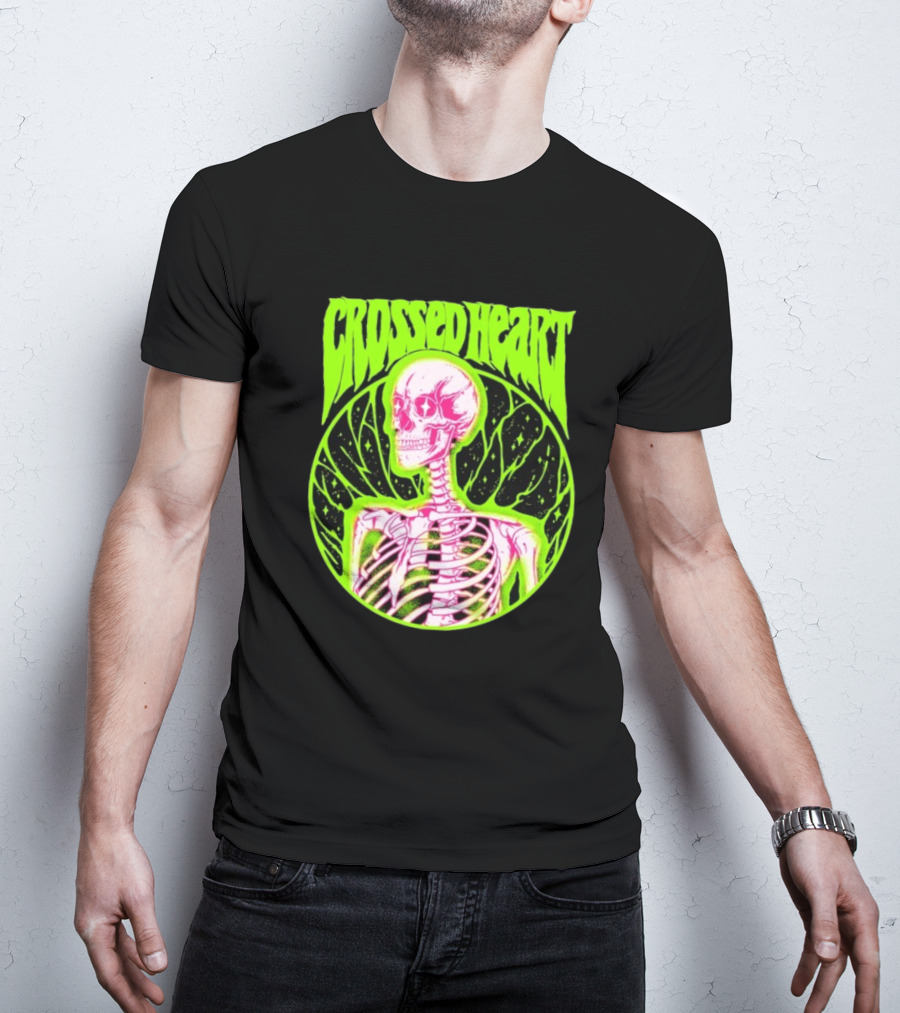Crossed Heart Skeleton Neon Illustration T-Shirt