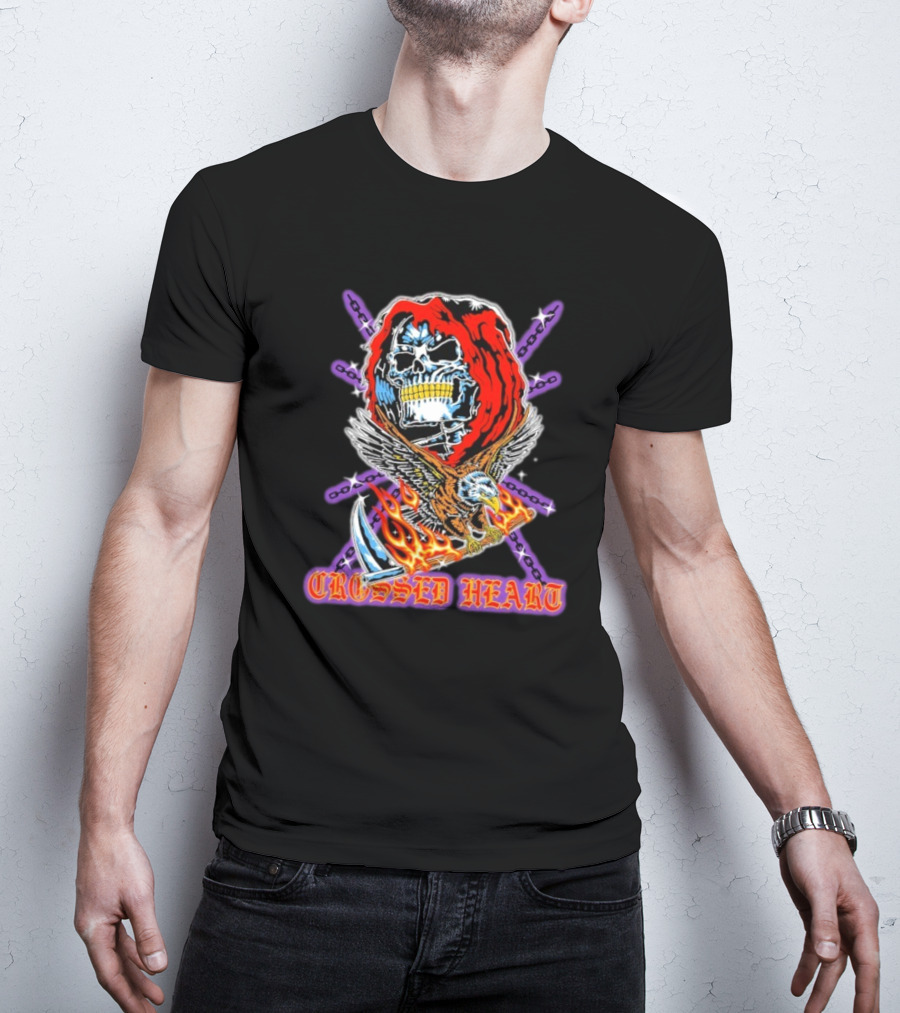Crossed Heart No Mercy Skull Eagle Flames Chains T-Shirt