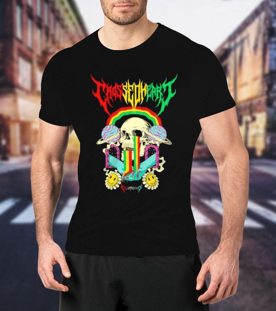 Crossed Heart Skull With Rainbow And Smiley Faces T-Shirt