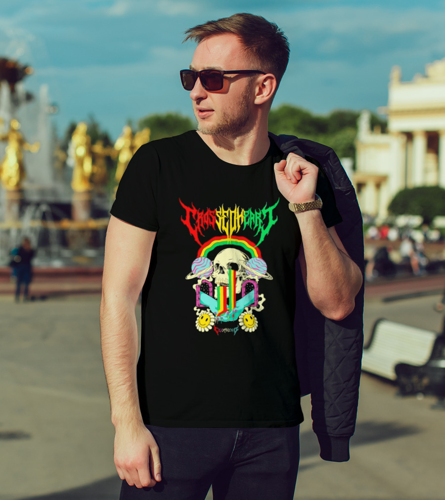 Crossed Heart Skull With Rainbow And Smiley Faces T-Shirt