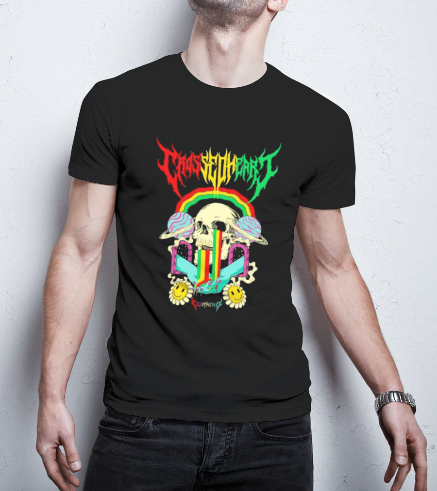 Crossed Heart Skull With Rainbow And Smiley Faces T-Shirt