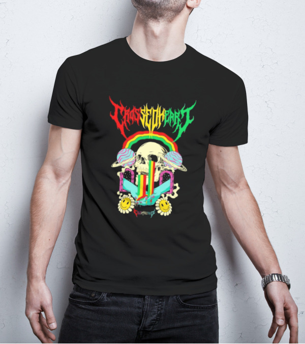 Crossed Heart Skull With Rainbow And Smiley Faces T-Shirt