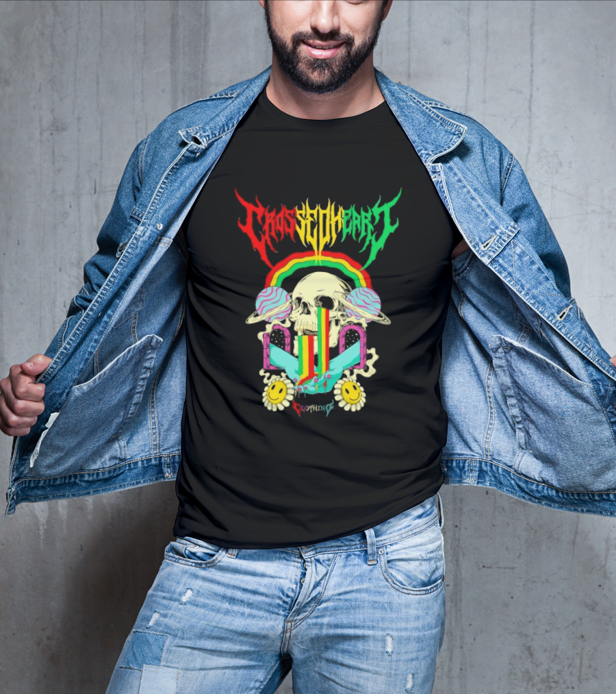 Crossed Heart Skull With Rainbow And Smiley Faces T-Shirt
