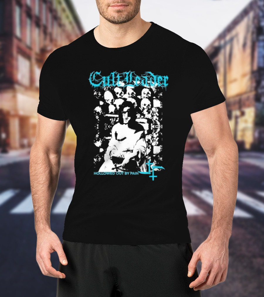 Cult Leader Hollowed Out By Pain Distorted Portrait With Inverted Cross Symbol T-Shirt