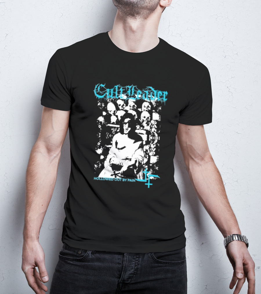Cult Leader Hollowed Out By Pain Distorted Portrait With Inverted Cross Symbol T-Shirt