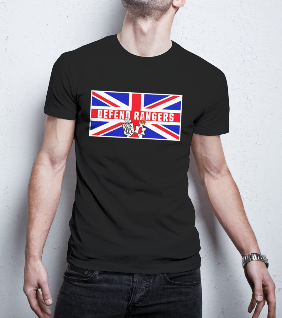 Defend Rangers Union Flag With FCRF Crest And Red Hand Of Ulster T-Shirt