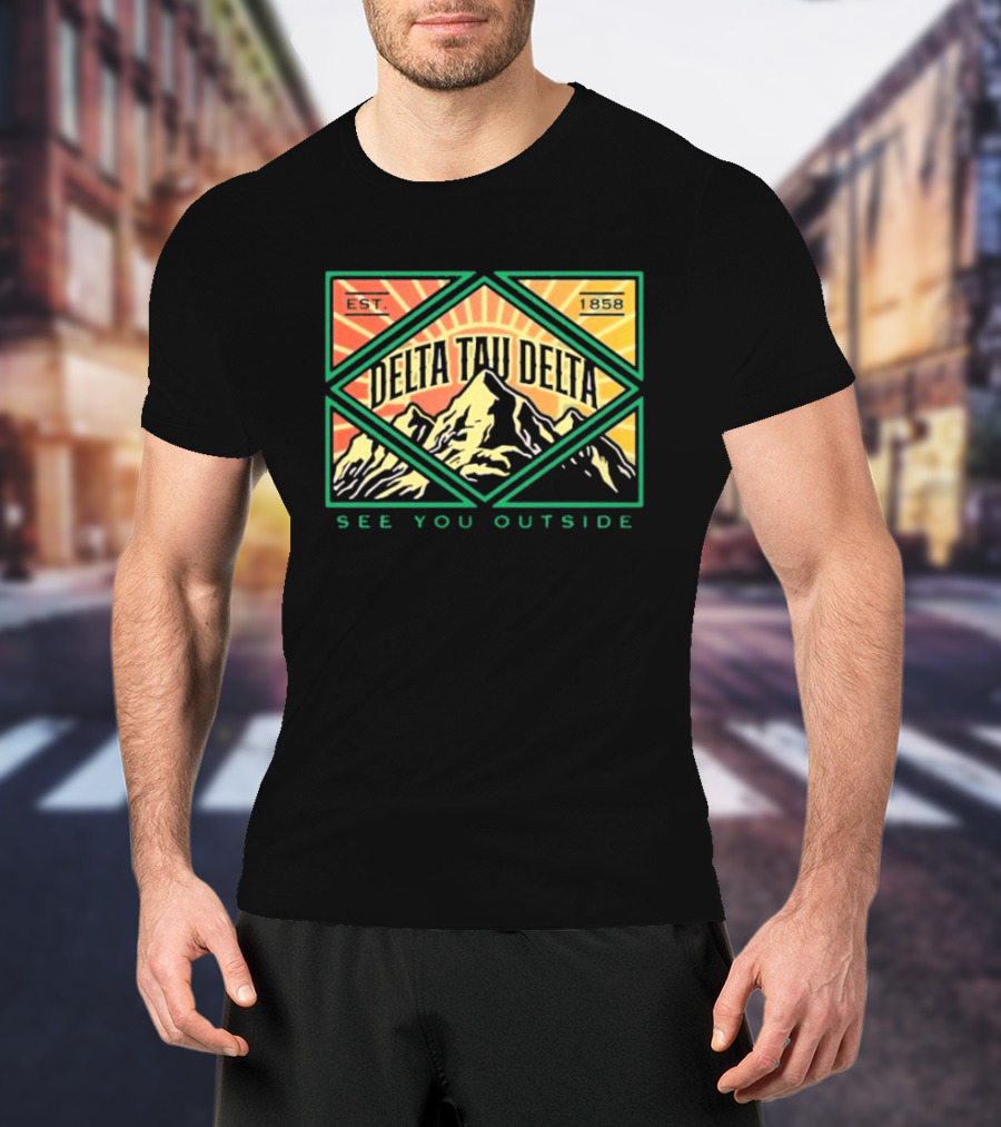 Delta Tau Delta See You Outside 1858 Mountain Sunburst T-Shirt