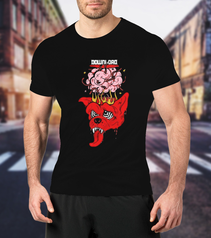 Download Festival Brain Explosion Red Dog Flames Quirky Cartoon Style T-Shirt