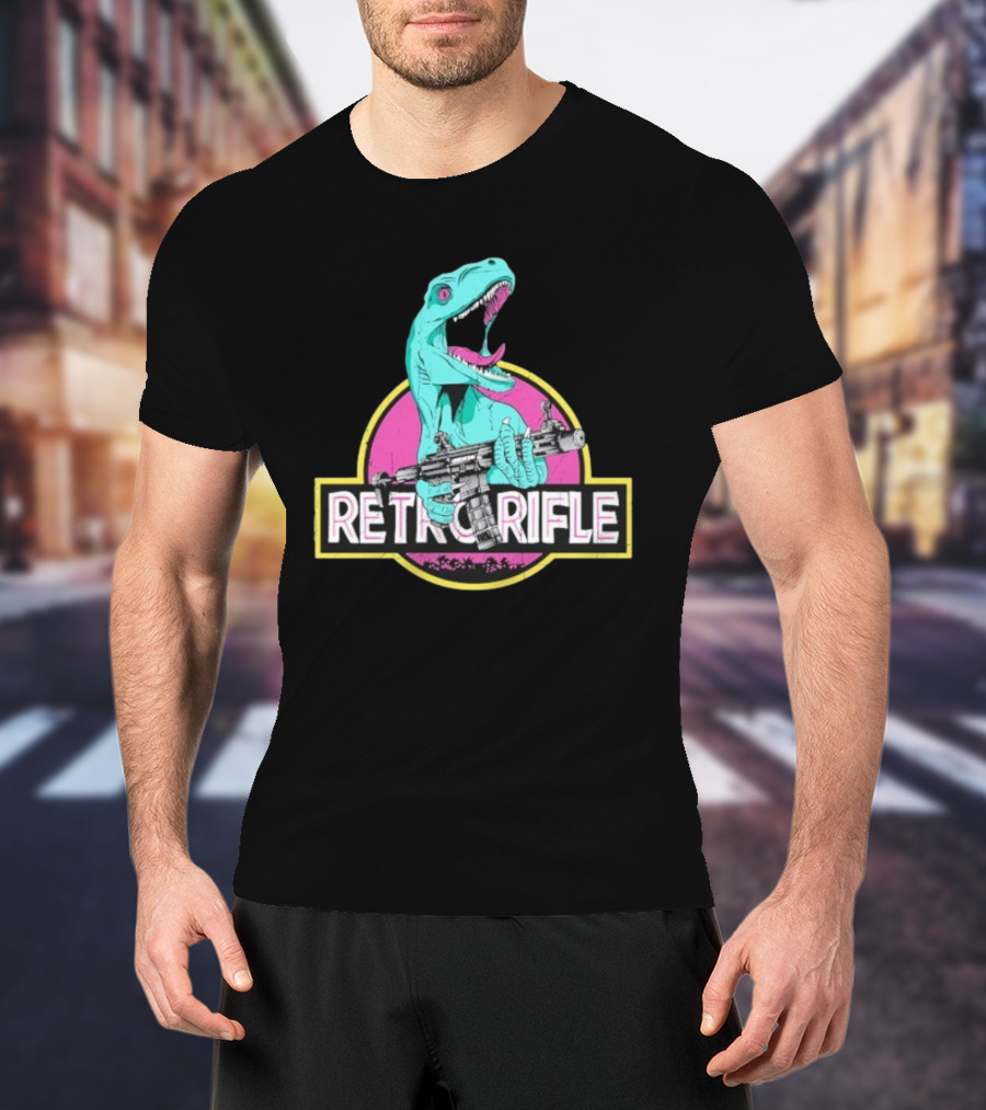 Retro Rifle Dinosaur Holding Gun Vintage Style T-Shirt