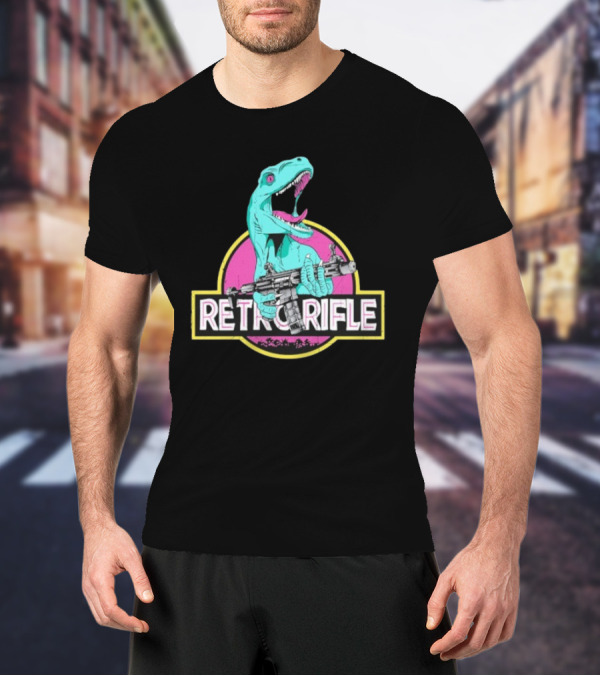 Retro Rifle Dinosaur Holding Gun Vintage Style T-Shirt