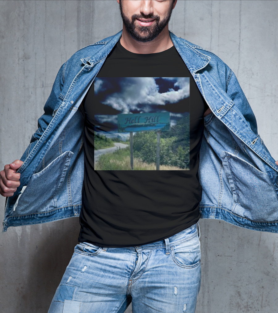 Hell Hill Scenic Roadside Sign Under Dramatic Sky T-Shirt