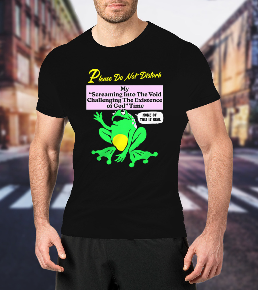 Please Do Not Disturb My Screaming Into The Void Challenging The Existence Of God Time None Of This Is Real Frog T-Shirt
