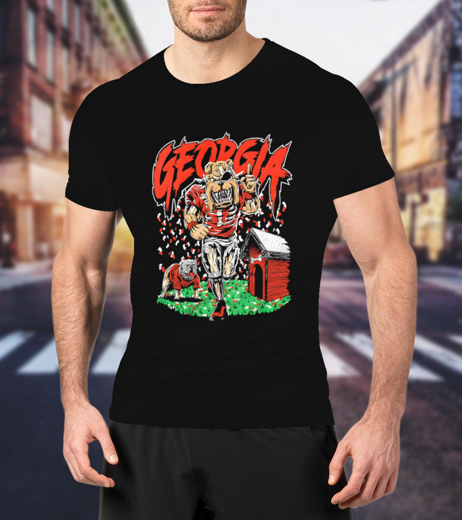 Georgia Bulldogs Mascot Cartoon Vibrant Design With Doghouse T-Shirt
