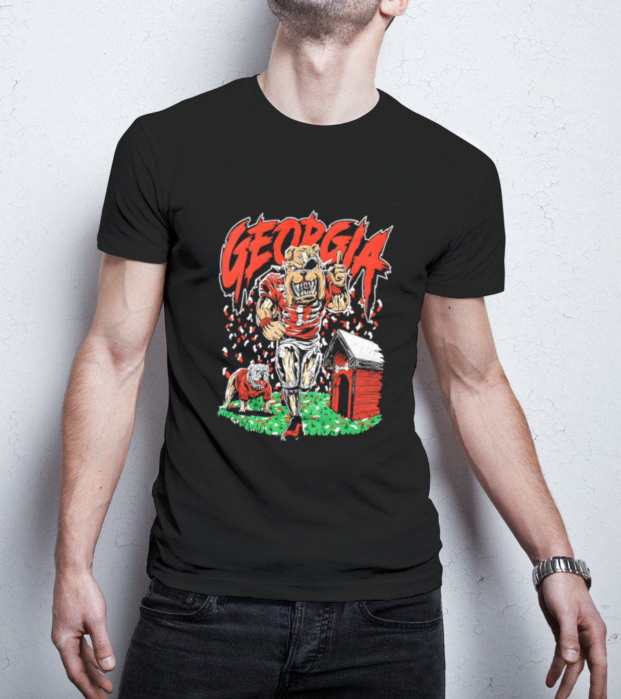 Georgia Bulldogs Mascot Cartoon Vibrant Design With Doghouse T-Shirt