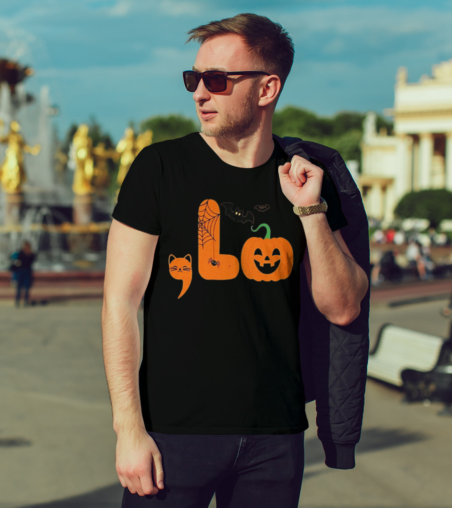 Halloween Cat Spider Web Bat Pumpkin Comma Motif T-Shirt