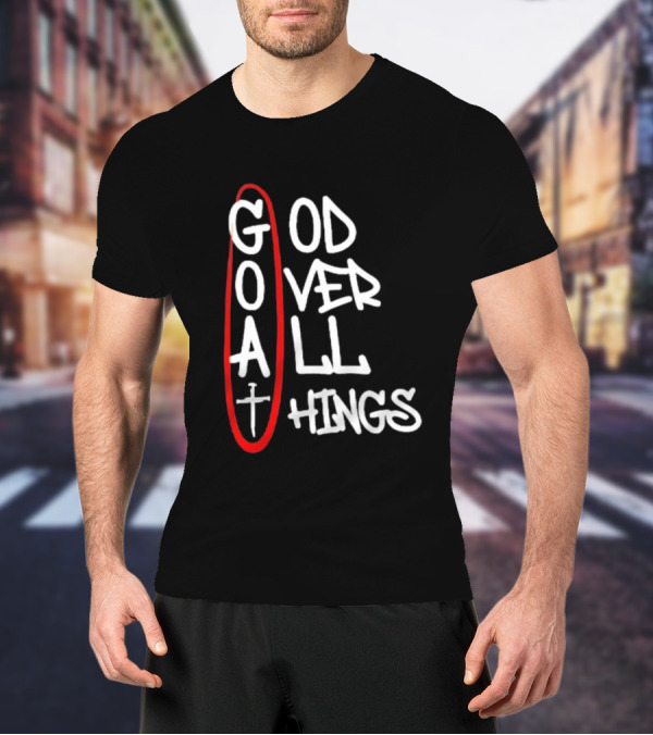 GOAT God Over All Things Sword Cross Graphic Red Oval T-Shirt