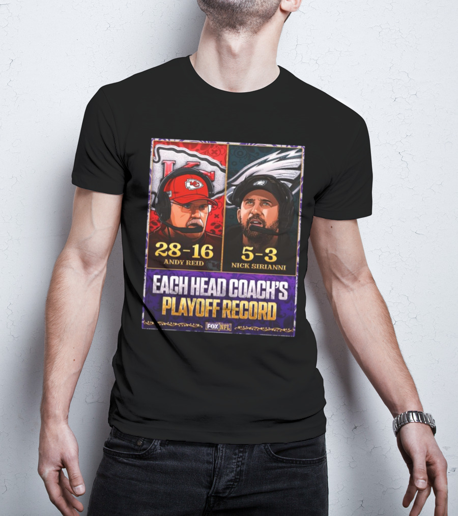 FOX NFL Andy Reid Chiefs 28-16 Nick Sirianni Eagles 5-3 Playoff Record T-Shirt