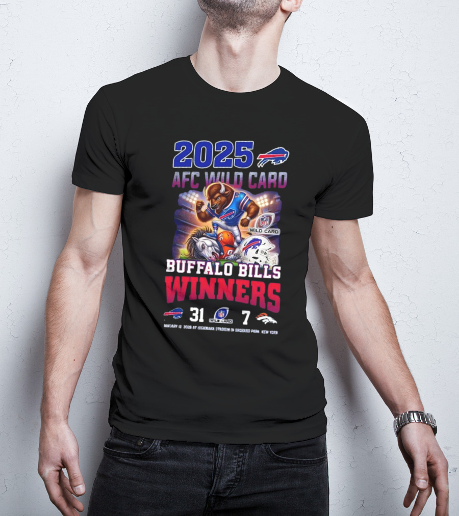 2025 Buffalo Bills AFC Wild Card Winners 31-7 Over Broncos Featuring Mascot Art T-Shirt