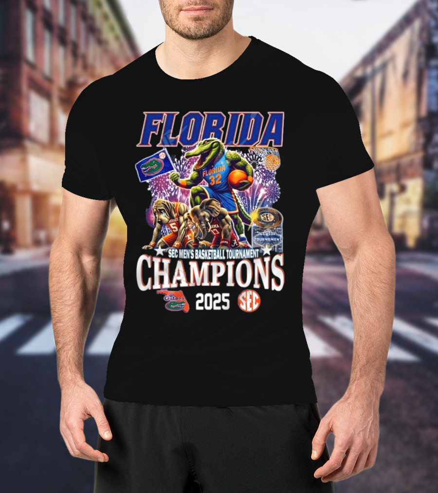 Florida Gators 2025 SEC Men's Basketball Tournament Champions Mascot Fireworks T-Shirt