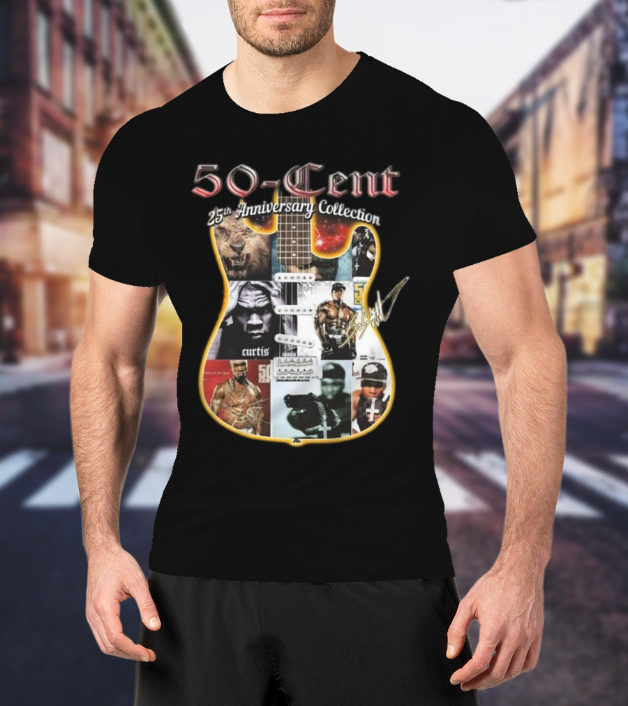 50-Cent 25th Anniversary Collection Guitar Signature Curtis Album Art Montage T-Shirt