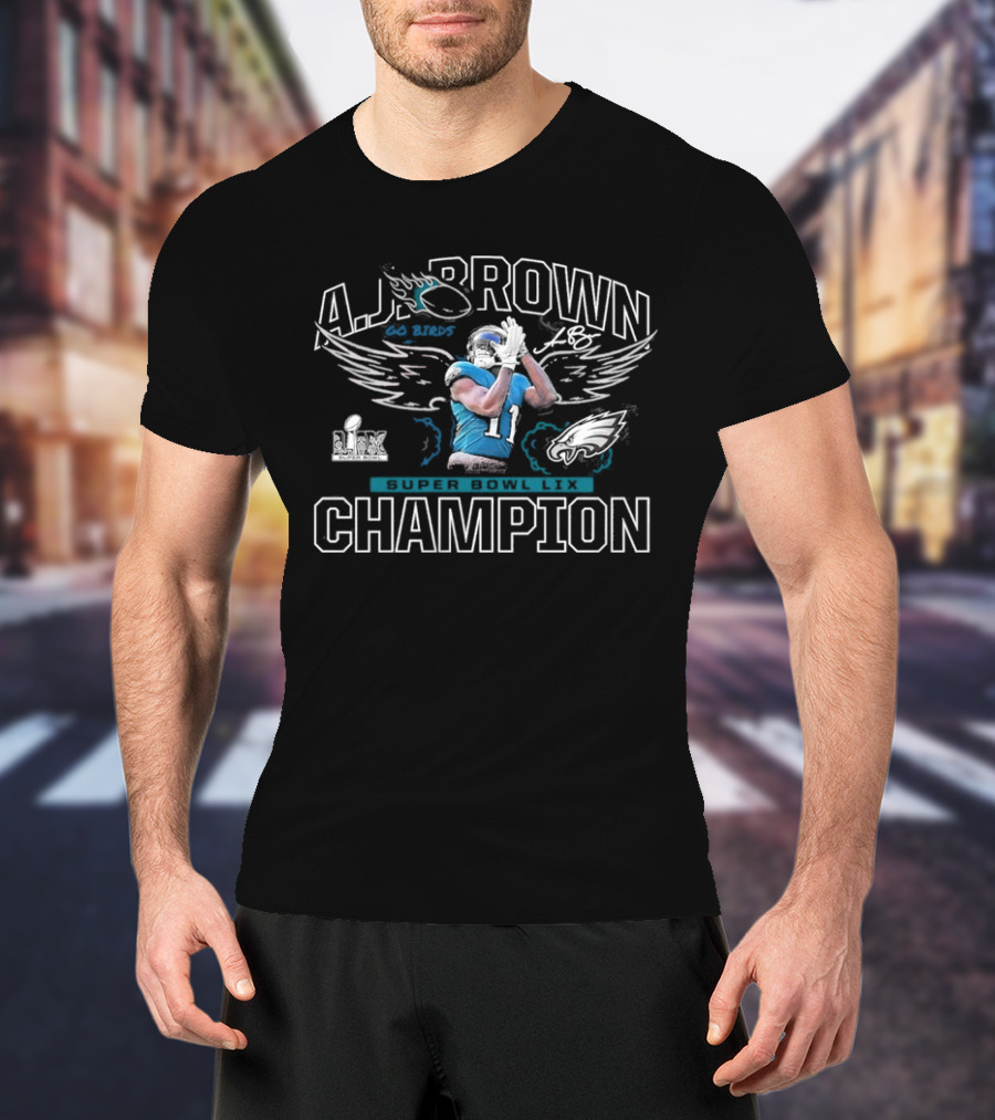 A.J. Brown Philadelphia Eagles Super Bowl LIX Champion Wings Football T-Shirt