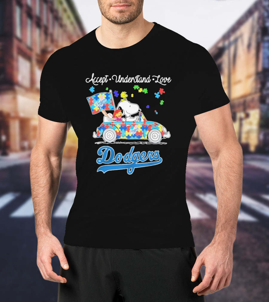 Accept Understand Love Snoopy Dodgers Autism Puzzle Car T-Shirt