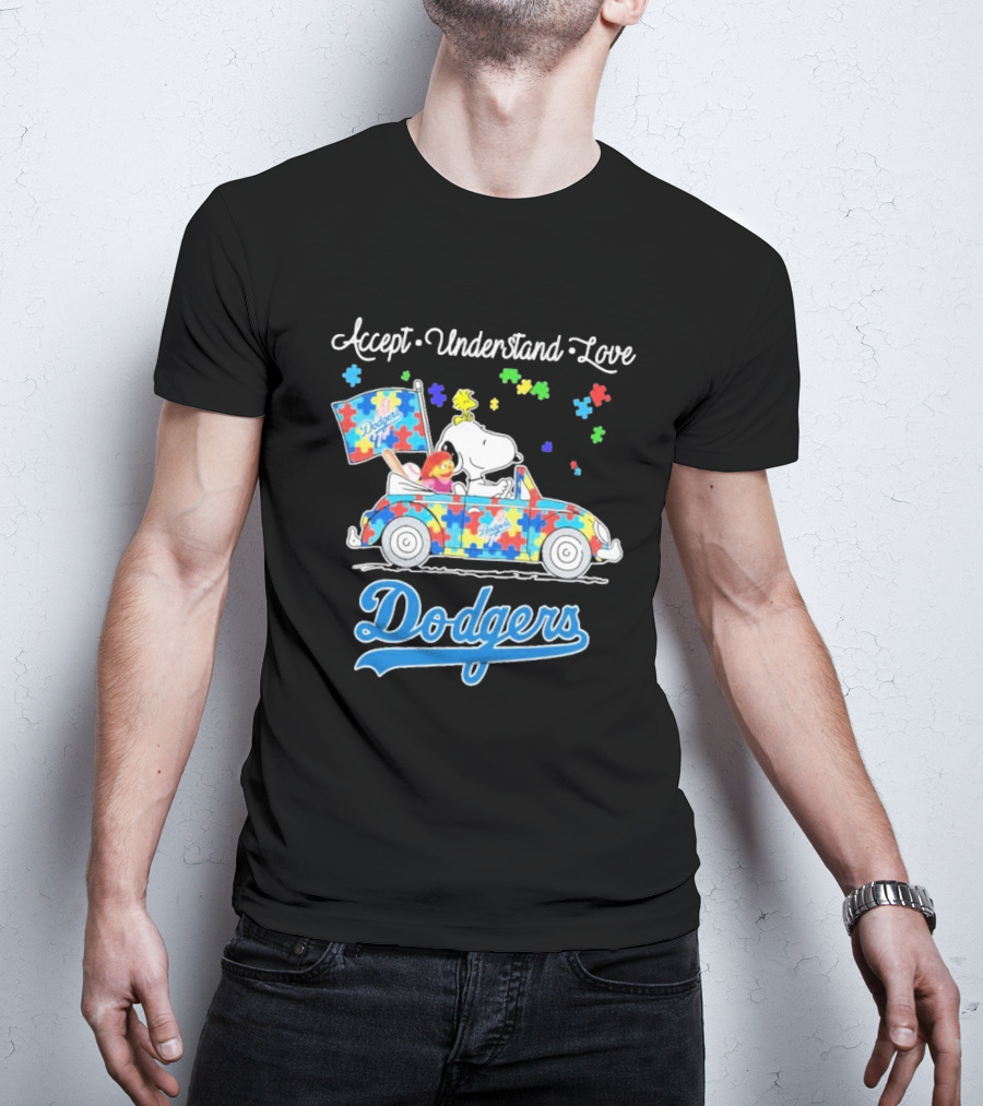 Accept Understand Love Snoopy Dodgers Autism Puzzle Car T-Shirt