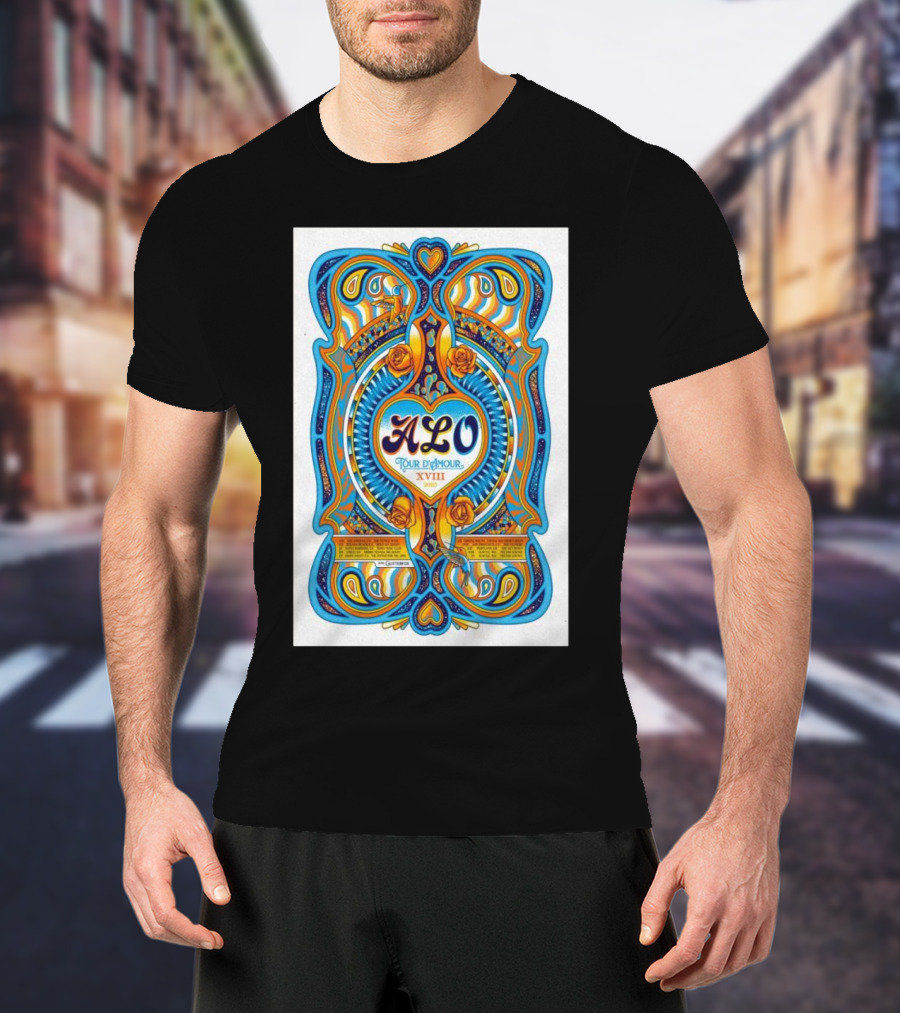 ALO Tour D'Amour XVIII 2025 Art Nouveau Psychedelic Blue Orange Roses T-Shirt
