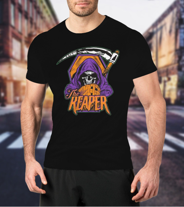 American Gothic Style Skull With Scythe Reaper Hooded Figure T-Shirt