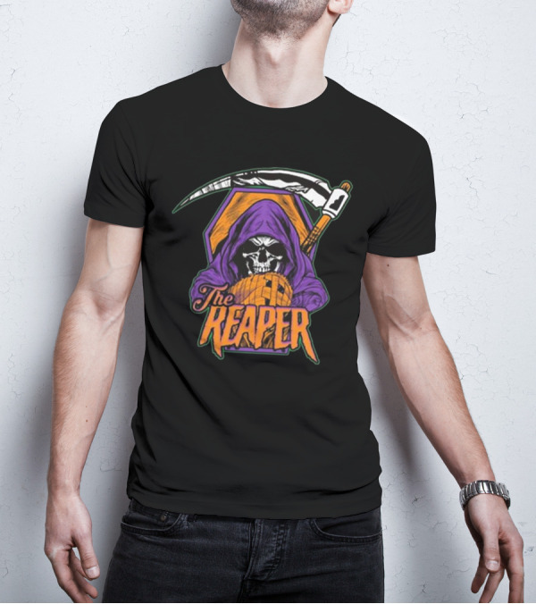 American Gothic Style Skull With Scythe Reaper Hooded Figure T-Shirt